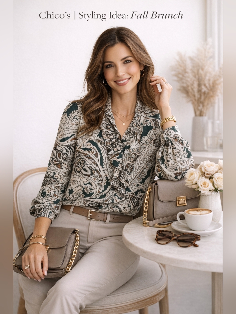 Chico’s Paisley Ruffle Blouse XL 16 Size 3 Green Brown Long Sleeve Career Top - Picture 2 of 10